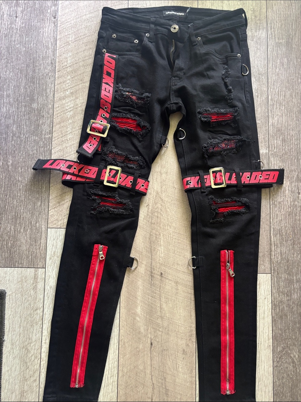 Black & Red Distressed Men's Jeans with Buckle Straps